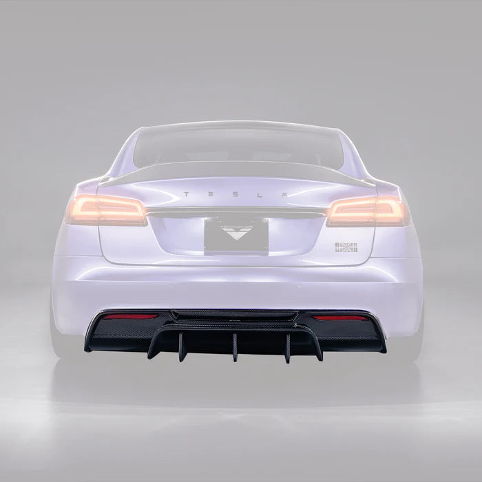 A back wide view of a purple car fitted with Vorsteiner VRS Aero Rear Diffuser Carbon Fiber PP 2x2 Glossy for Tesla Model S 2021+ with grey background with the diffuser highlighted