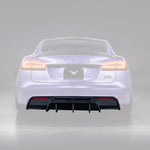 A back wide view of a purple car fitted with Vorsteiner VRS Aero Rear Diffuser Carbon Fiber PP 2x2 Glossy for Tesla Model S 2021+ with grey background with the diffuser highlighted