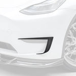 A close up view of Vorsteiner VRS Add-On Aero Bumper Flares Carbon Fiber PP 2x2 Glossy on a white car (for Model Y).