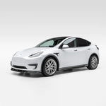 A wide view of Vorsteiner VRS Add-On Aero Bumper Flares Carbon Fiber PP 2x2 Glossy on a white car from the side (for Model Y).