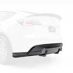 A view of Vorsteiner VRS Aero Rear Diffuser Carbon Fiber PP 2x2 Glossy fitted on white car from behind (for Model Y).