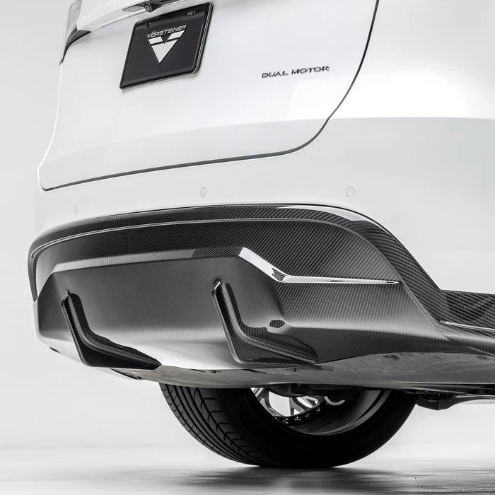 A close view of Vorsteiner VRS Aero Rear Diffuser Carbon Fiber PP 2x2 Glossy fitted on white car (for Model Y).