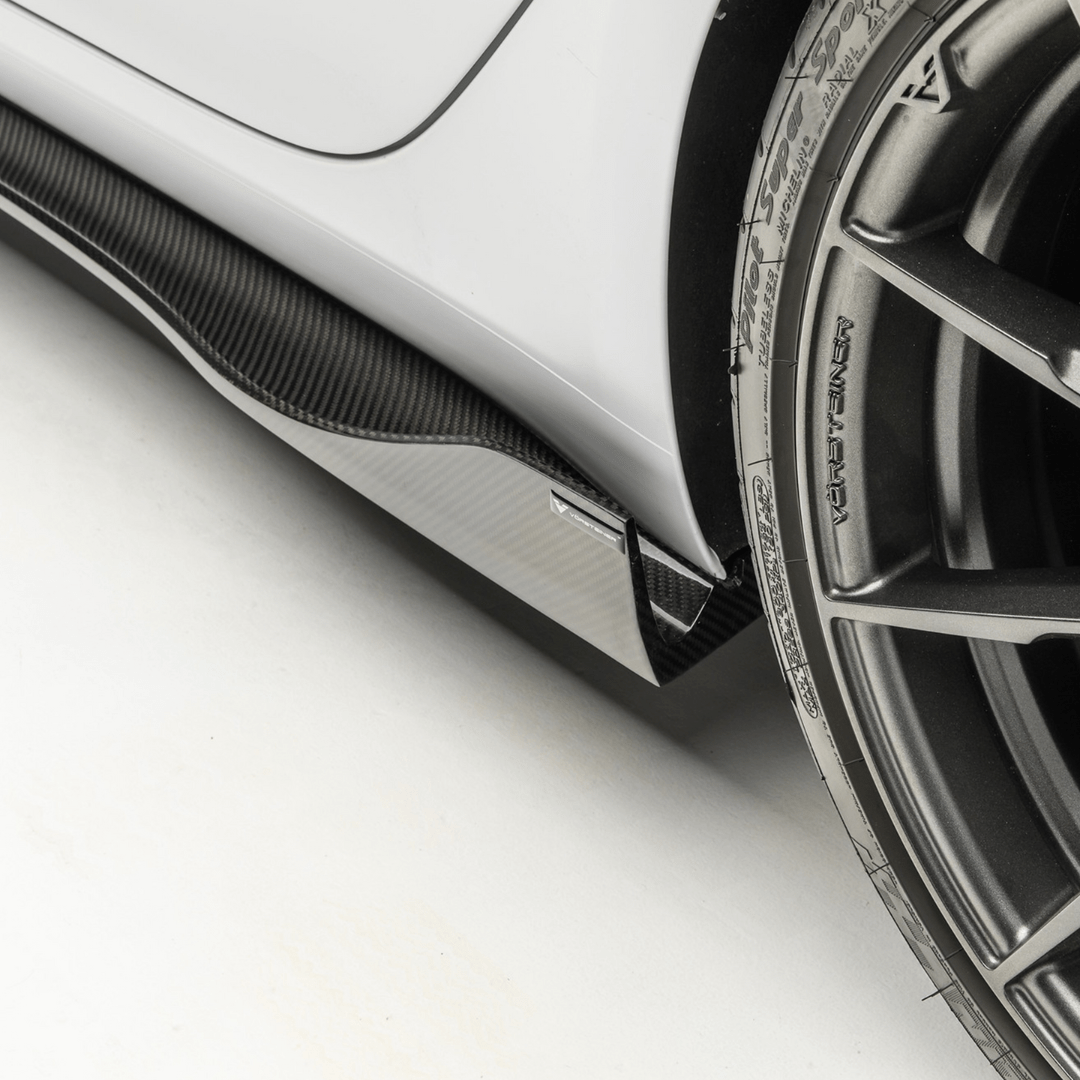 close side view of TRE Vorsteiner Style Carbon Fibre VOLTA Aero Side Skirt For Tesla Model 3 2018+ fitted inside a car