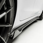 close bottom side view of TRE Vorsteiner Style Carbon Fibre VOLTA Aero Side Skirt For Tesla Model 3 2018+ fitted inside a car