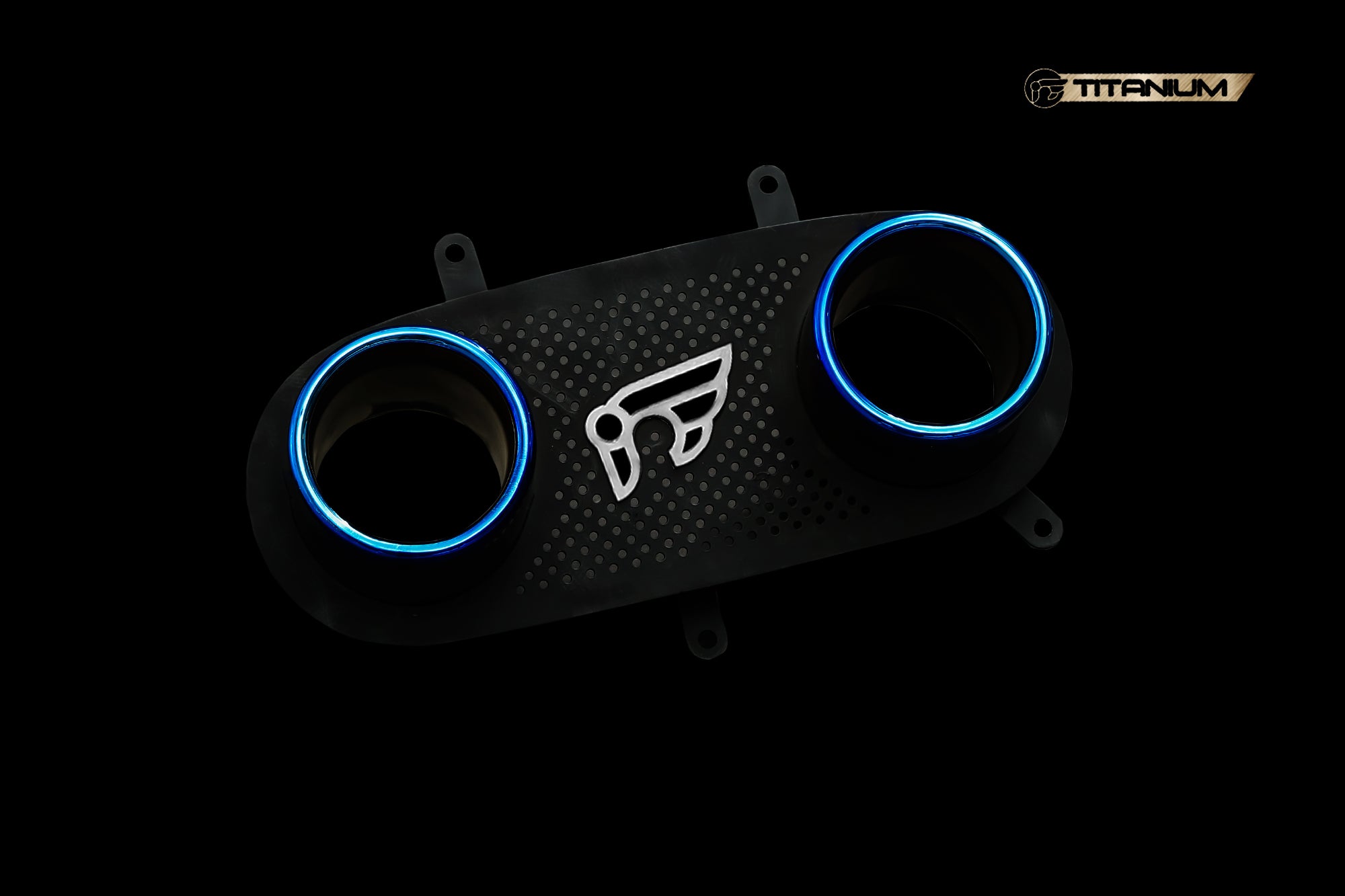 A front wide view of the titanium blue tips of the IPE SS Titanium Cat-Back Exhaust System for Ferrari 458 Italia / Spider 2010-2015 with black background