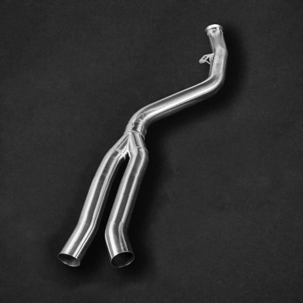 Close front view of Capristo Valved Catback Exhaust with Carbon Fiber Tips (CES3) for Toyota Supra (A90) 2020-2025 with black background