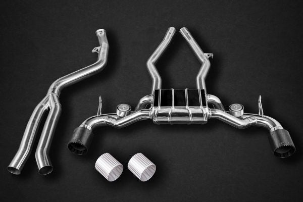 Close view of Capristo Valved Catback Exhaust with Carbon Fiber Tips (CES3) for Toyota Supra (A90) 2020-2025 with black background