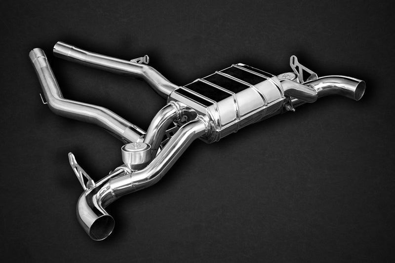 Capristo Toyota Supra A90 valved exhaust angled view