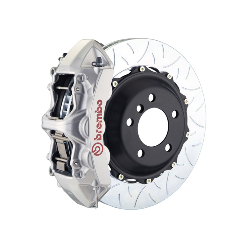F30 3 Series Brembo GT 6-piston front kit, silver caliper, type 3 slotted 2-piece disc