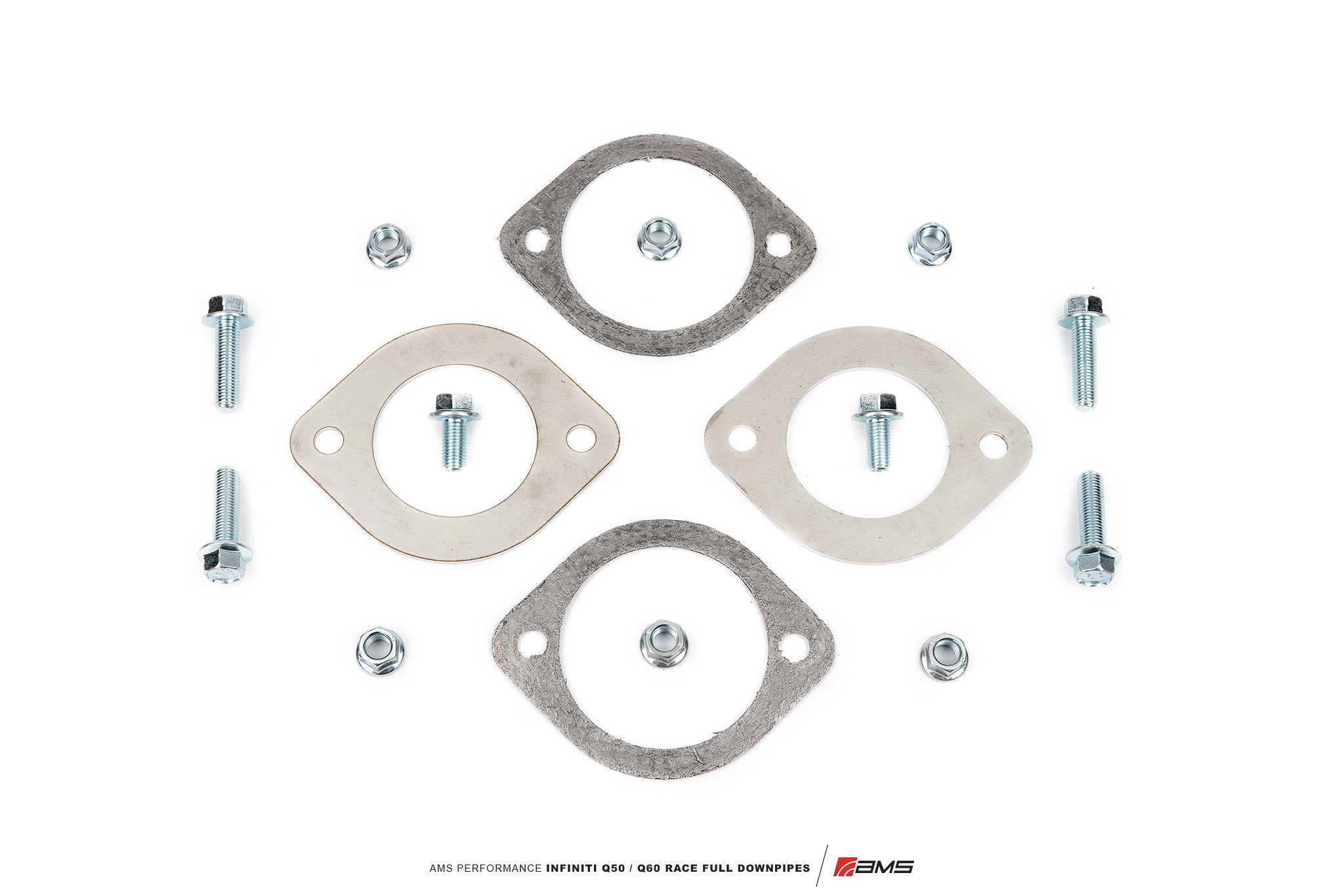 Gaskets, adapter plates, bolts and nuts included with the AMS Q50/Q60 race full downpipes
