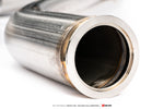 Outlet end of an AMS 3-inch stainless full downpipe showing the flange and smooth inner bore