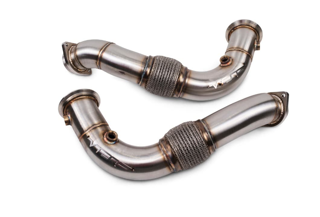 VRSF N63 downpipe pair with 2-bolt mid-pipe flanges, for 2008-03/2011 builds