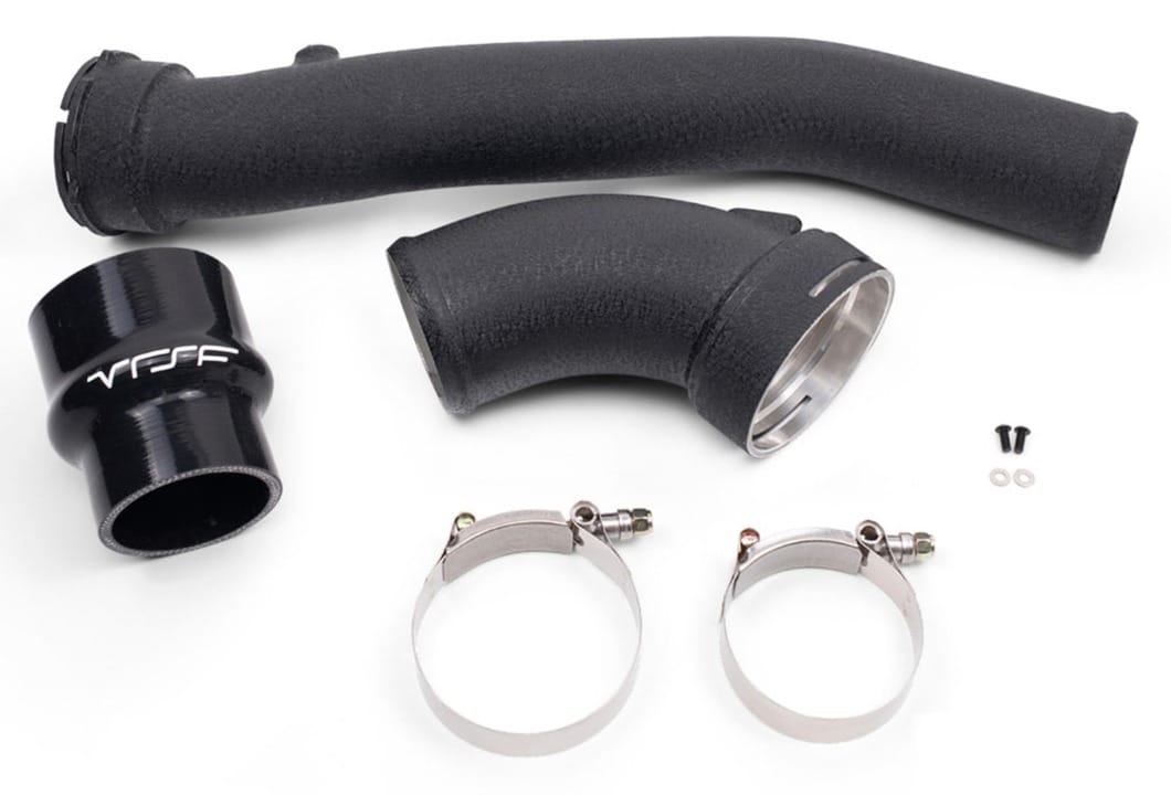 VRSF wrinkle-black aluminum charge pipe and throttle body elbow with VRSF-branded silicone coupler