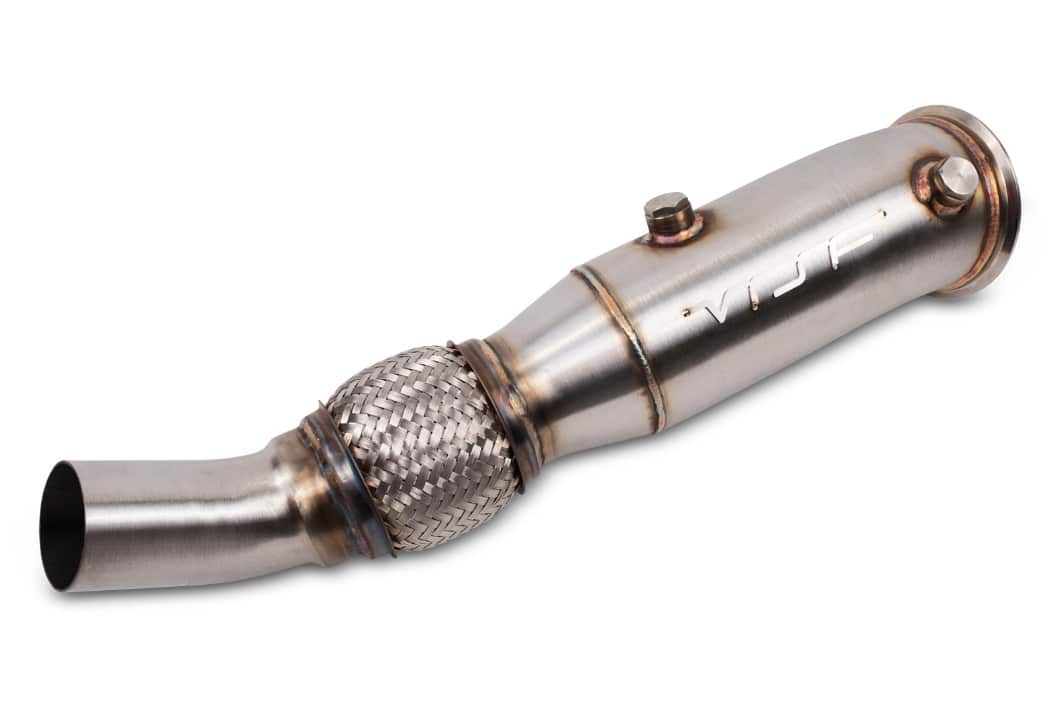 VRSF X5 xDrive40e downpipe in brushed stainless with VRSF logo and O2 sensor bung