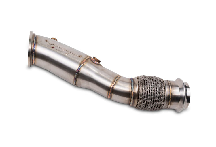 A front view of VRSF Racing Downpipes B46 BMW 120i, 220i, 230i, 320i, 330e, 330i, 420i, 430i, 630i, 730i & xDrive 2016–2021 with white background