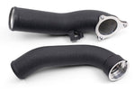 VRSF B58 two-piece charge pipe in wrinkle-black aluminum with billet throttle flange