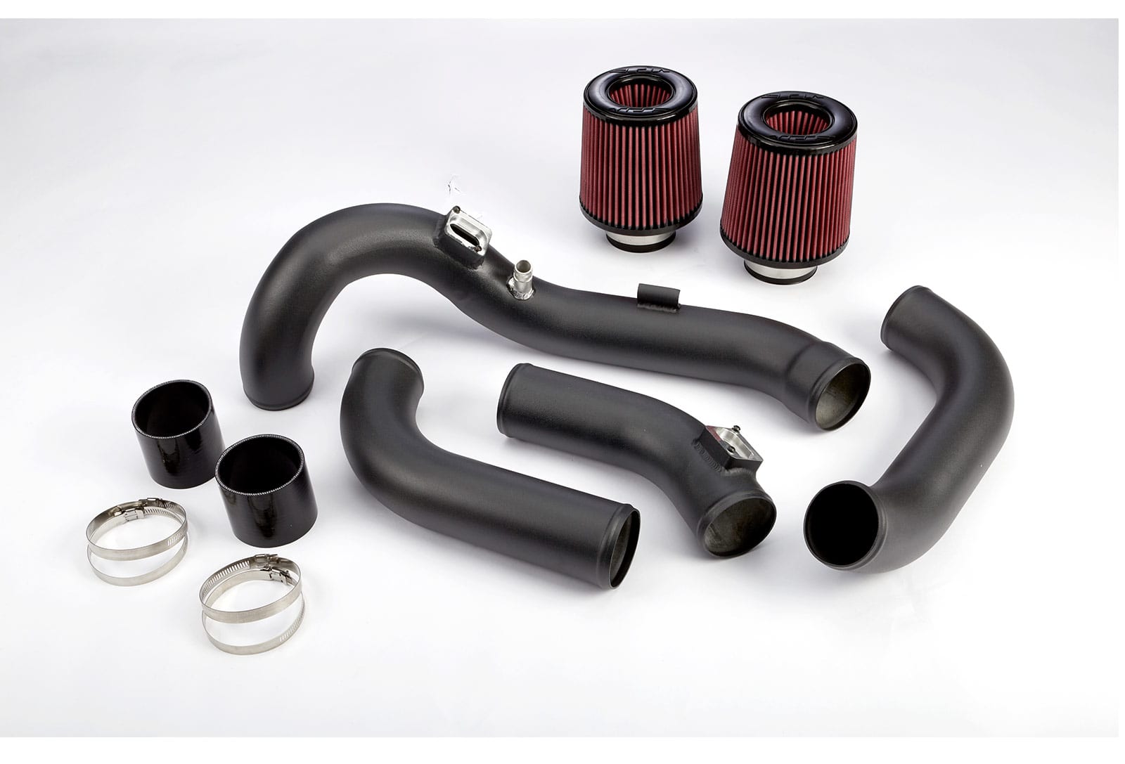 VRSF S55 front facing intake kit laid out: black aluminum tubes, two red cone filters, couplers and clamps