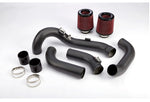 VRSF S55 front facing intake kit laid out: black aluminum tubes, two red cone filters, couplers and clamps