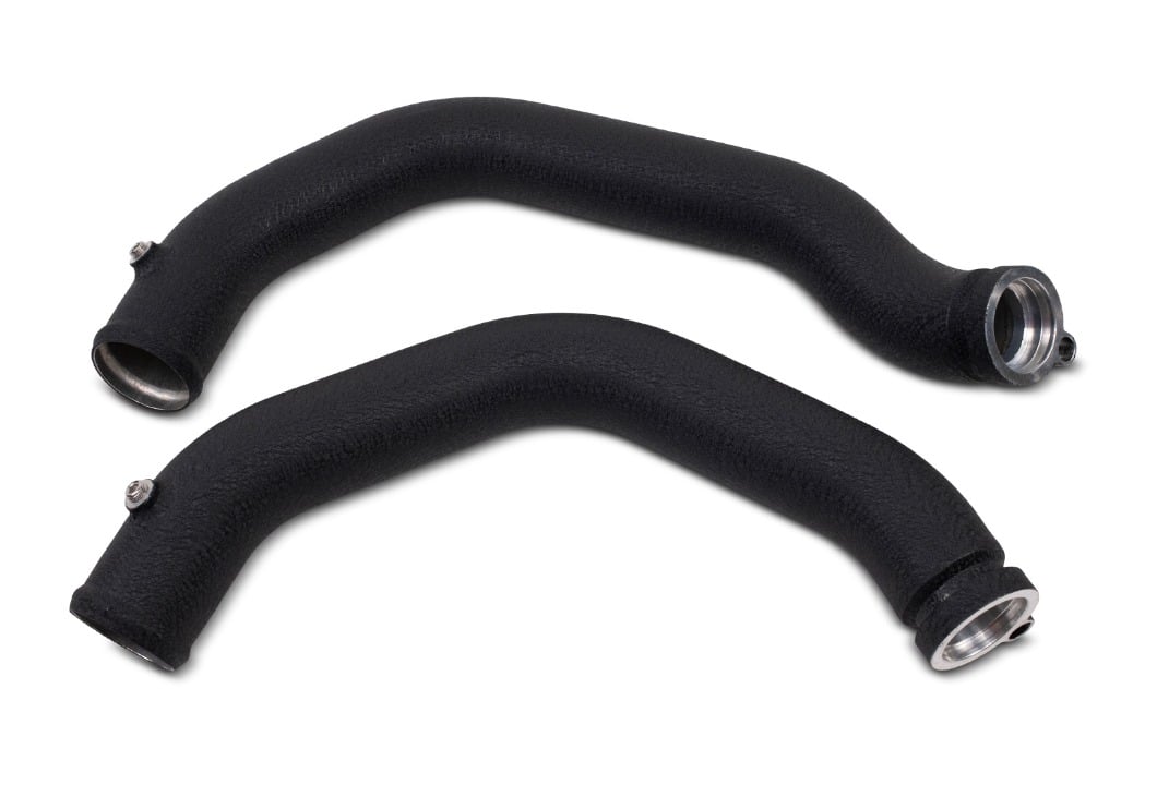 Pair of black powder-coated VRSF S55 hot side charge pipes with billet flanges