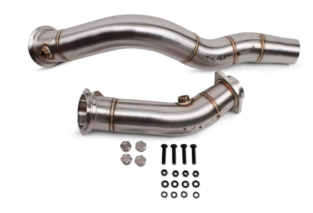 VRSF S55 downpipe pair with the grade 12 mounting hardware included in the kit