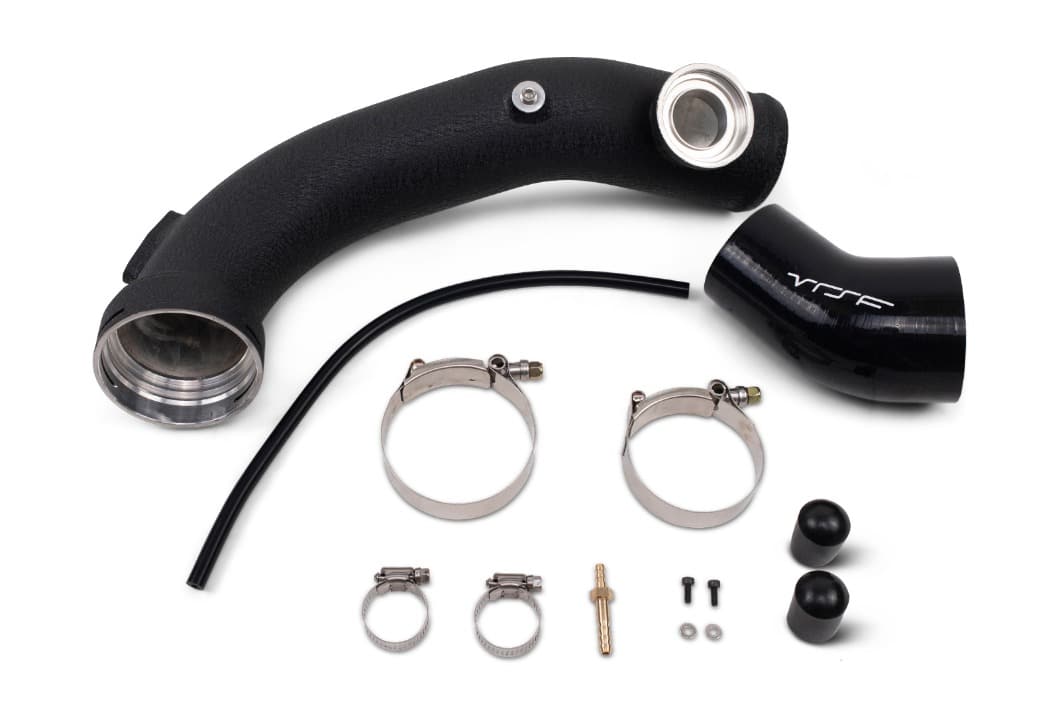 VRSF N54 charge pipe kit with HKS BOV flange, vacuum hose, clamps and caps