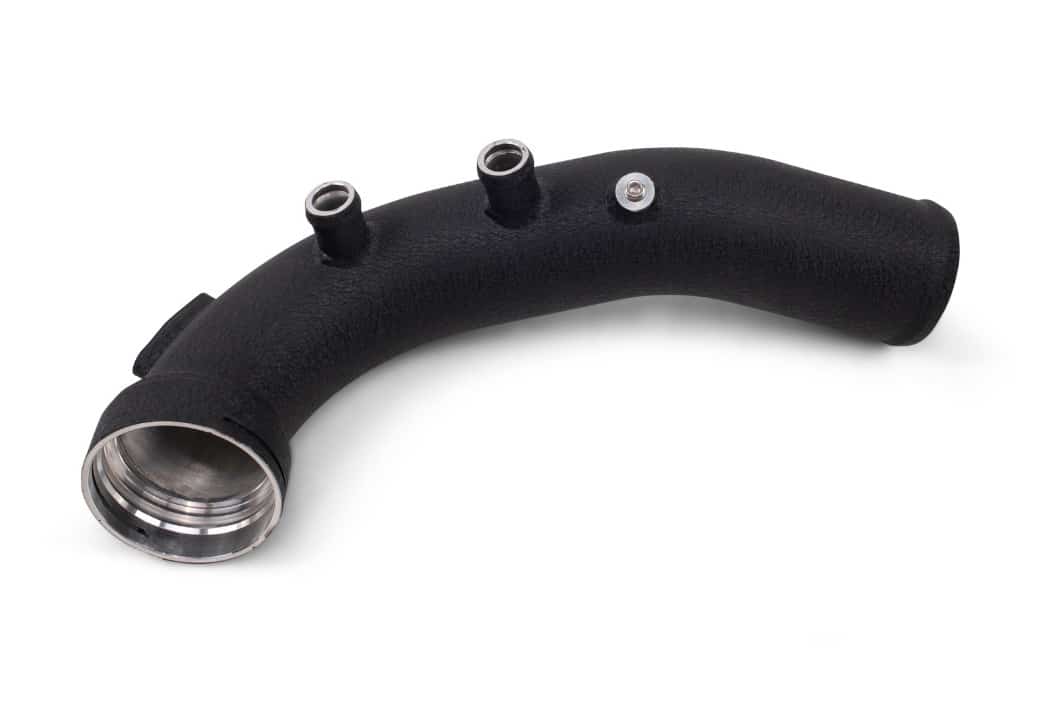 VRSF N54 charge pipe with OEM twin diverter valve ports in black wrinkle finish