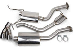 A top-down view of the disassembled VRSF 3″ stainless steel cat-back exhaust system for the BMW 135i and 135is. The components are displayed on a clean white background, including two high-polish mufflers with mandrel-bent piping, a mid-pipe section, a dual-tip exhaust outlet, and two heavy-duty exhaust clamps. The image showcases the mirror-polished finish and precision flange connections of the T304 stainless steel construction.