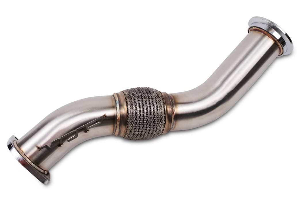 Full-length view of the VRSF 335d downpipe showing the turbo flange, flex joint and outlet