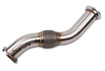 Full-length view of the VRSF 335d downpipe showing the turbo flange, flex joint and outlet