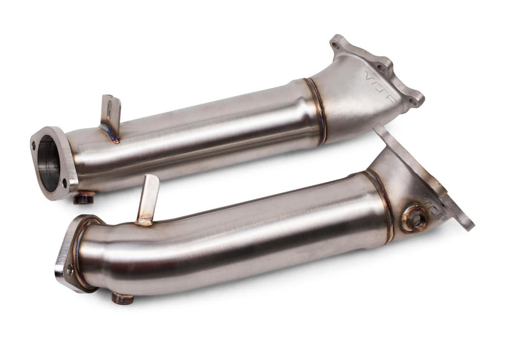 Pair of VRSF GT-R R35 race downpipes in brushed 304 stainless