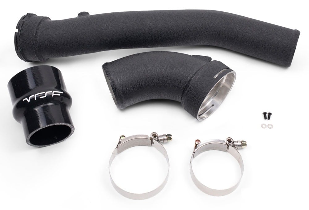 VRSF X3/X4 N55 charge pipe kit laid out: main pipe, throttle body elbow, coupler and clamps