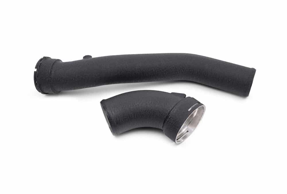 Two-piece VRSF F25/F26 charge pipe in wrinkle-black aluminum with billet flanges