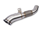 Catless VRSF B58 downpipe with VRSF logo, V-band turbo flange and bracket
