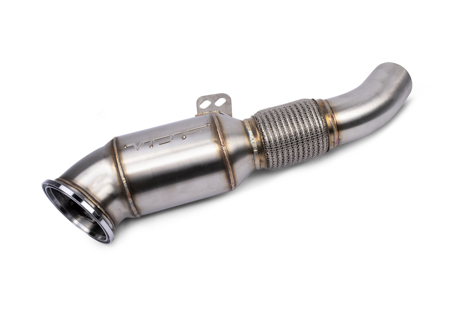 VRSF B58 high-flow catted downpipe for M240i and 340i, side view with flex joint