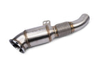 VRSF B58 high-flow catted downpipe for M240i and 340i, side view with flex joint