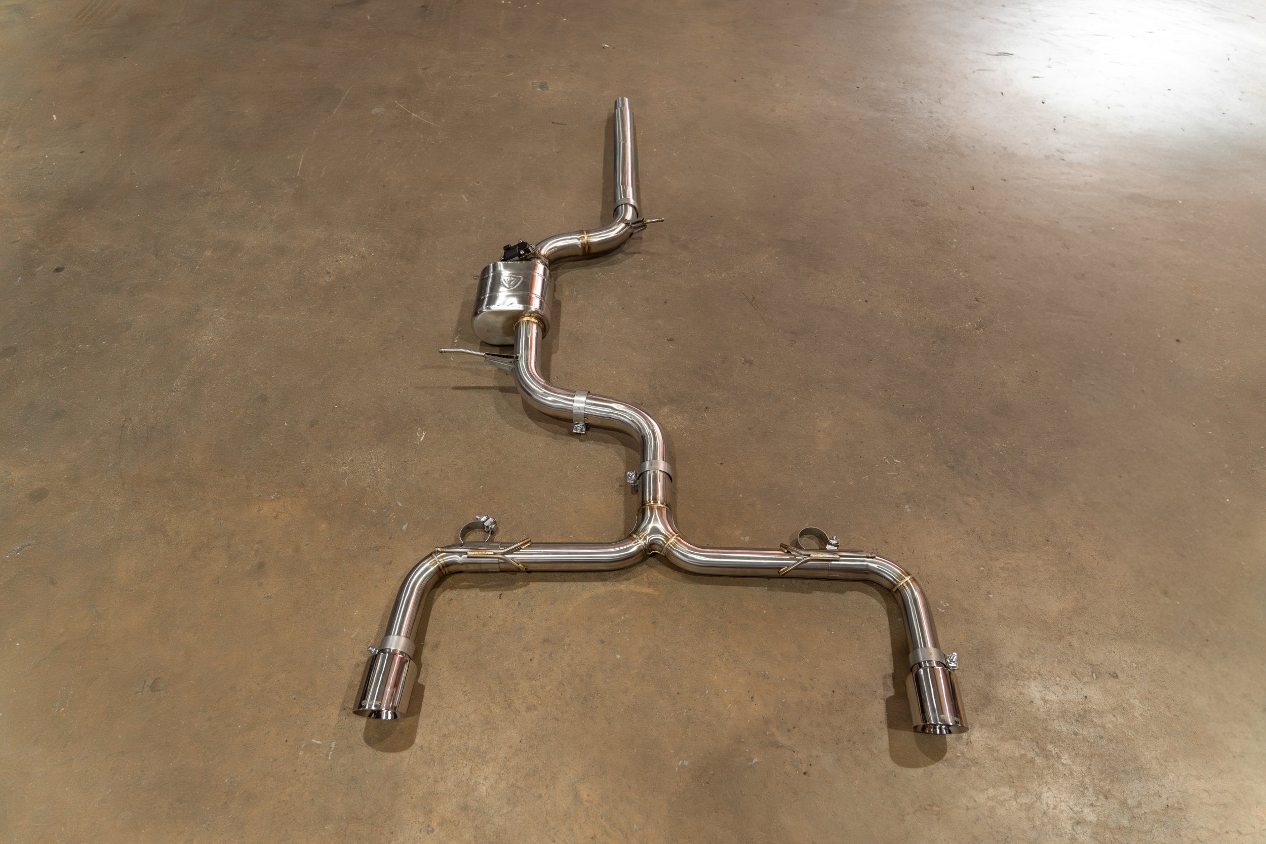 Valvetronic Designs Valved Exhaust VW Golf GTI MK7 manufacturer gallery: complete exhaust viewed lengthwise with rear branches at the bottom