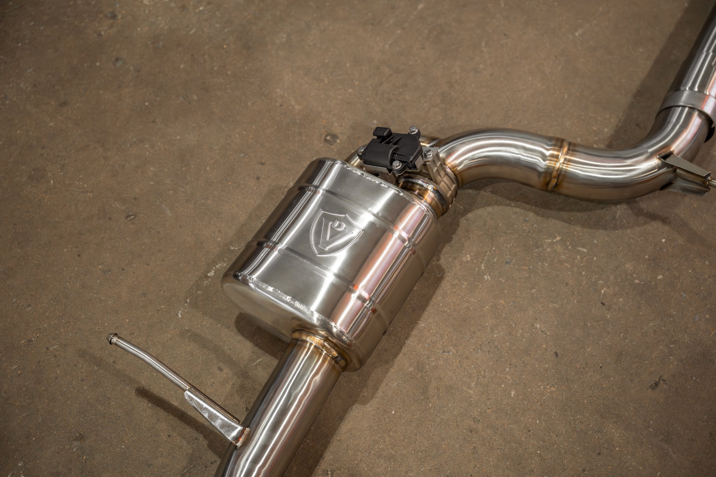 Valvetronic Designs Valved Exhaust VW Golf GTI MK7 manufacturer gallery: rear muffler, embossed shield and welded hanger