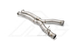 A front view of Fi EXHAUST Valvetronic Cat-Back System for Mercedes-Benz W213 AMG E43 2016-2019 downpipes with white background