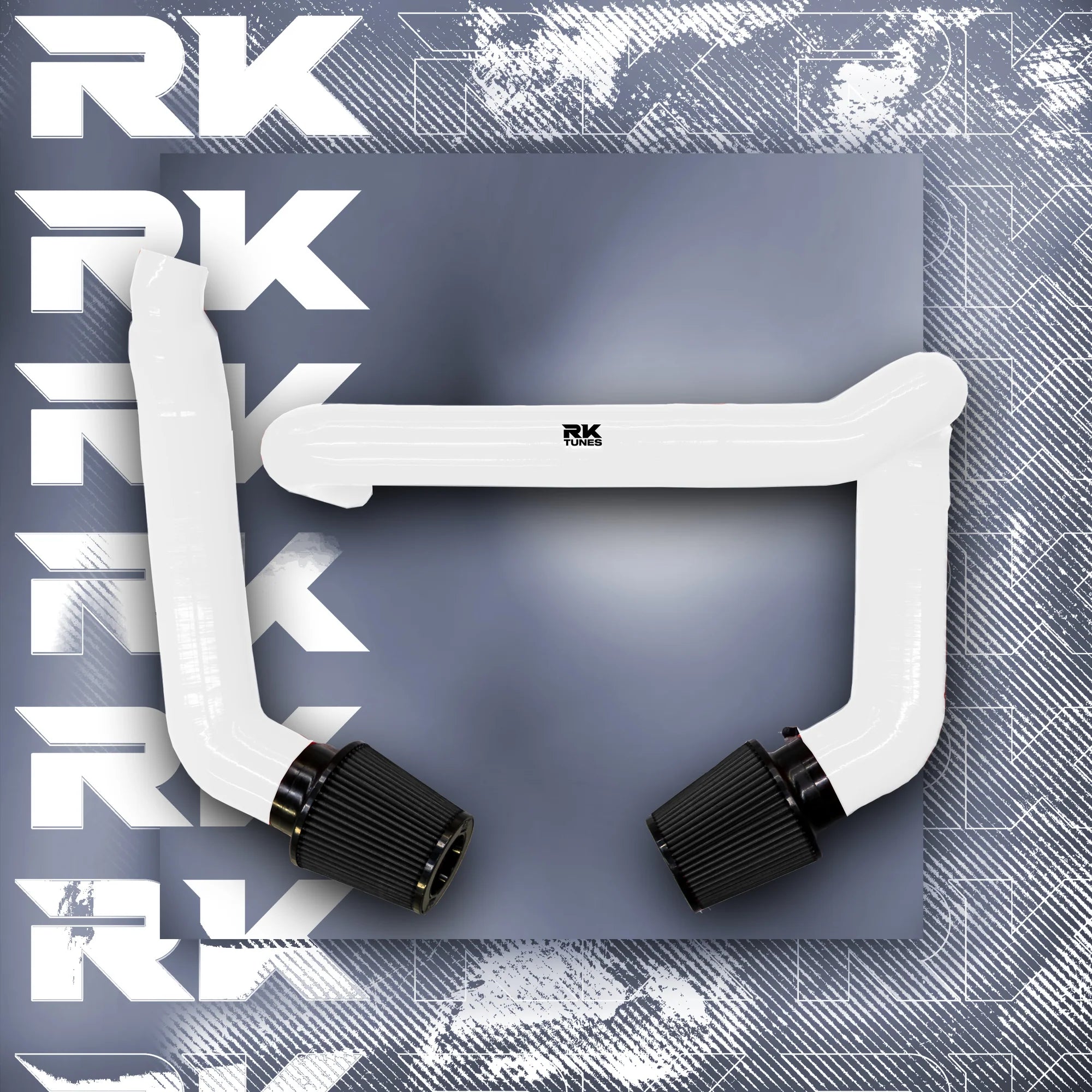 A top view of RK TUNES FRONT MOUNT INTAKES FOR G80 | G82 | G83 | G87 M2 | M3 | M4 | S58 2020+ in white with black air filters