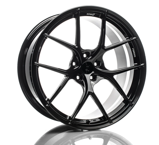 A side view of 7 T-S5 Forged Split 5 Spoke Exotic Wheels in Wicked Black for BMW 20" G8X M3 / M4 2020-2022