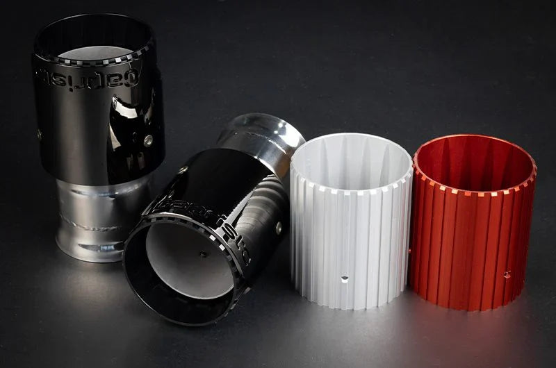 Capristo F8 end pipe shells, black with red inserts