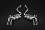 Wide view of Capristo Valved Exhaust with Mid-Pipes with Carbon Tips (CES3) for BMW X5/6M FX 2013-2018 with black background