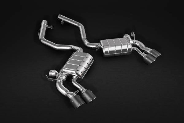 Wide view of Capristo Valved Exhaust with Mid-Pipes with Carbon Tips (CES3) for BMW X5/6M FX 2013-2018 with black background