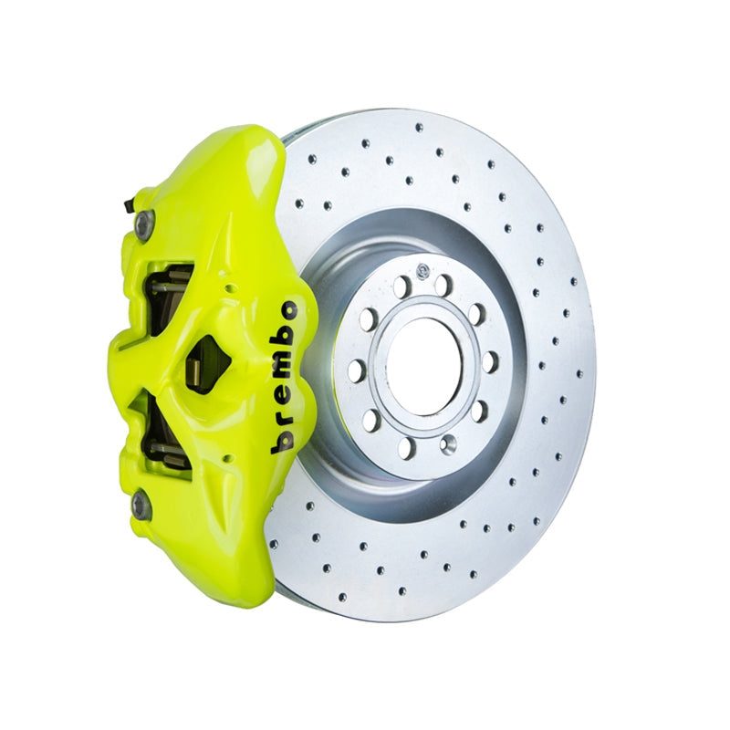 Mk6 GTI Brembo GT 4-piston front kit, fluorescent yellow caliper, 345mm drilled 1-piece disc
