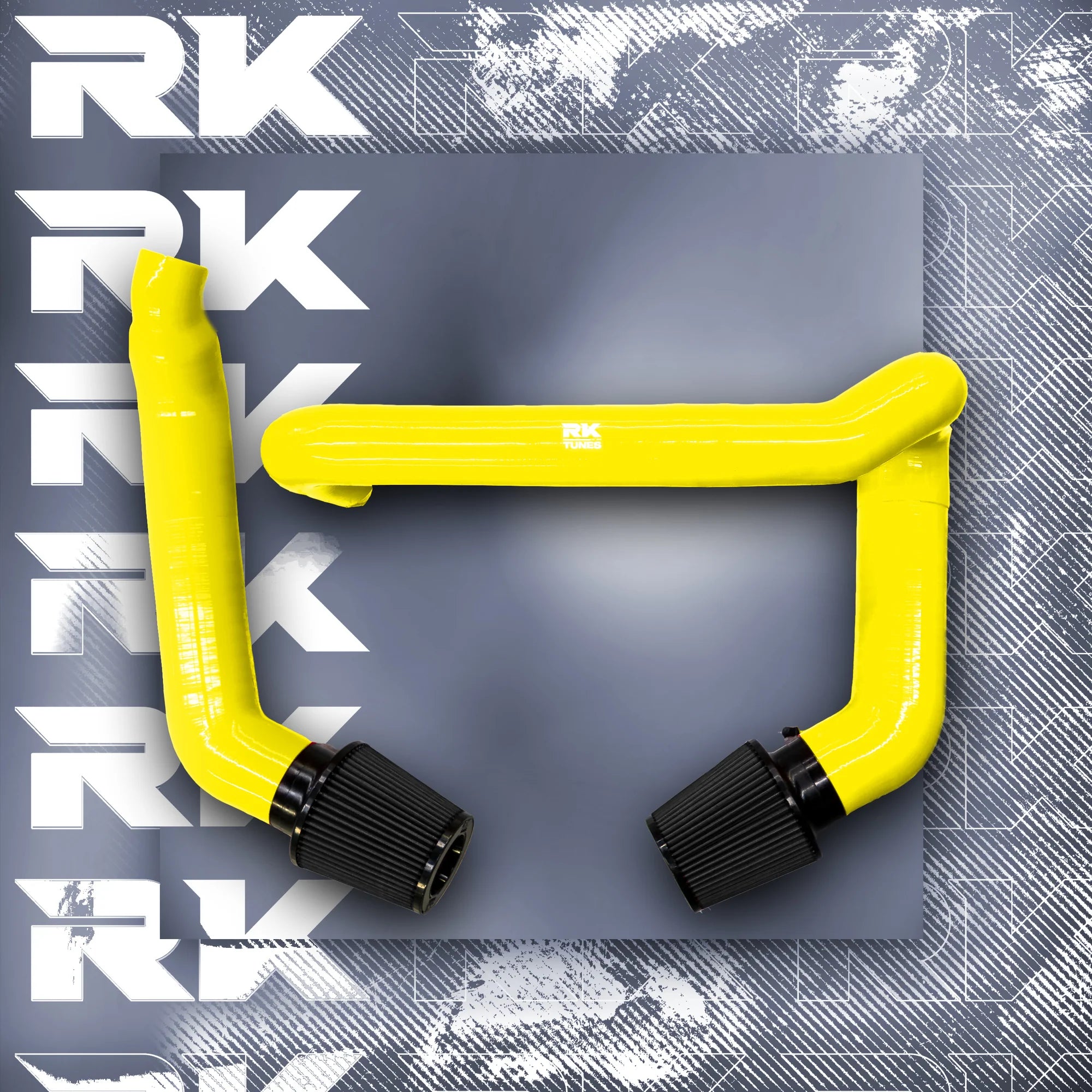 A top view of RK TUNES FRONT MOUNT INTAKES FOR G80 | G82 | G83 | G87 M2 | M3 | M4 | S58 2020+ in yellow with black air filters