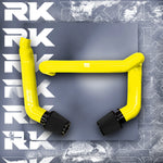 A top view of RK TUNES FRONT MOUNT INTAKES FOR G80 | G82 | G83 | G87 M2 | M3 | M4 | S58 2020+ in yellow with black air filters