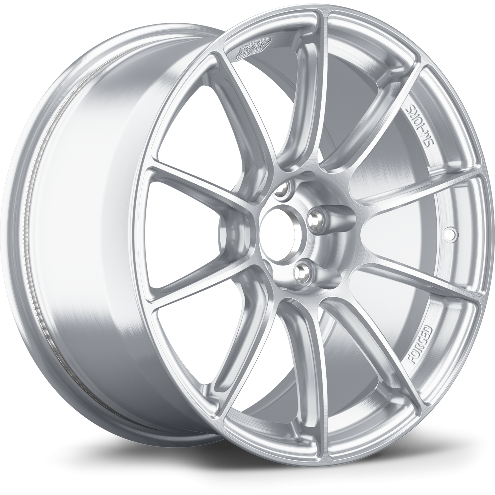 Silver machined aluminum wheel with ten-spoke design and brushed finish isolated on white background - APEX Wheels wheel for 17x9.5 ET51 5x114.3 - Brushed Clear
