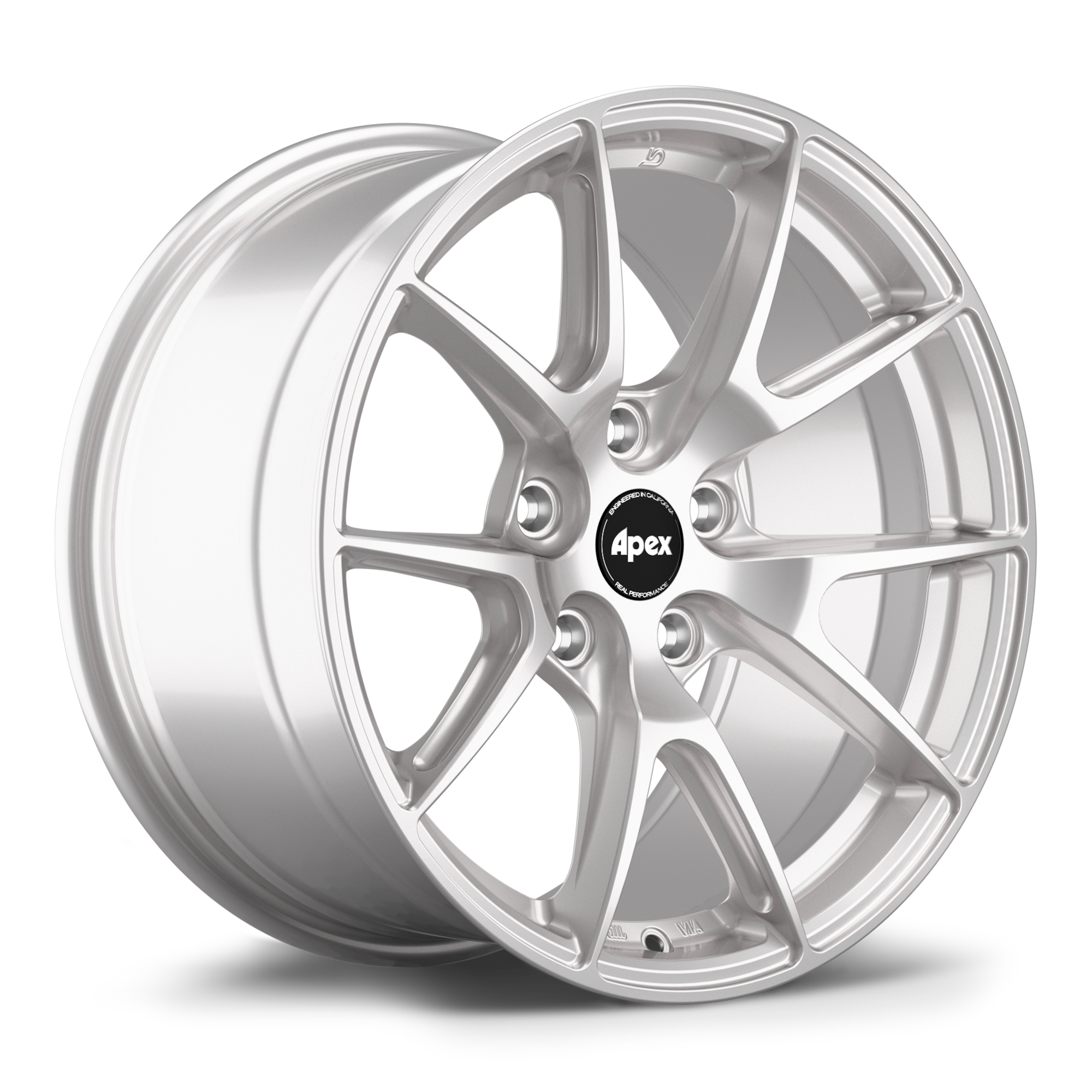Silver alloy wheel with five-spoke design and black center cap, shown at three-quarter angle on white background - APEX Wheels wheel for 17x9 ET30 5x120 - Race Silver