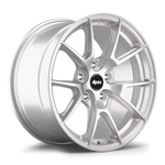 Silver alloy wheel with ten-spoke design and black center cap on white background - APEX Wheels wheel for 17x8.5 ET23 5x114.3 - Race Silver