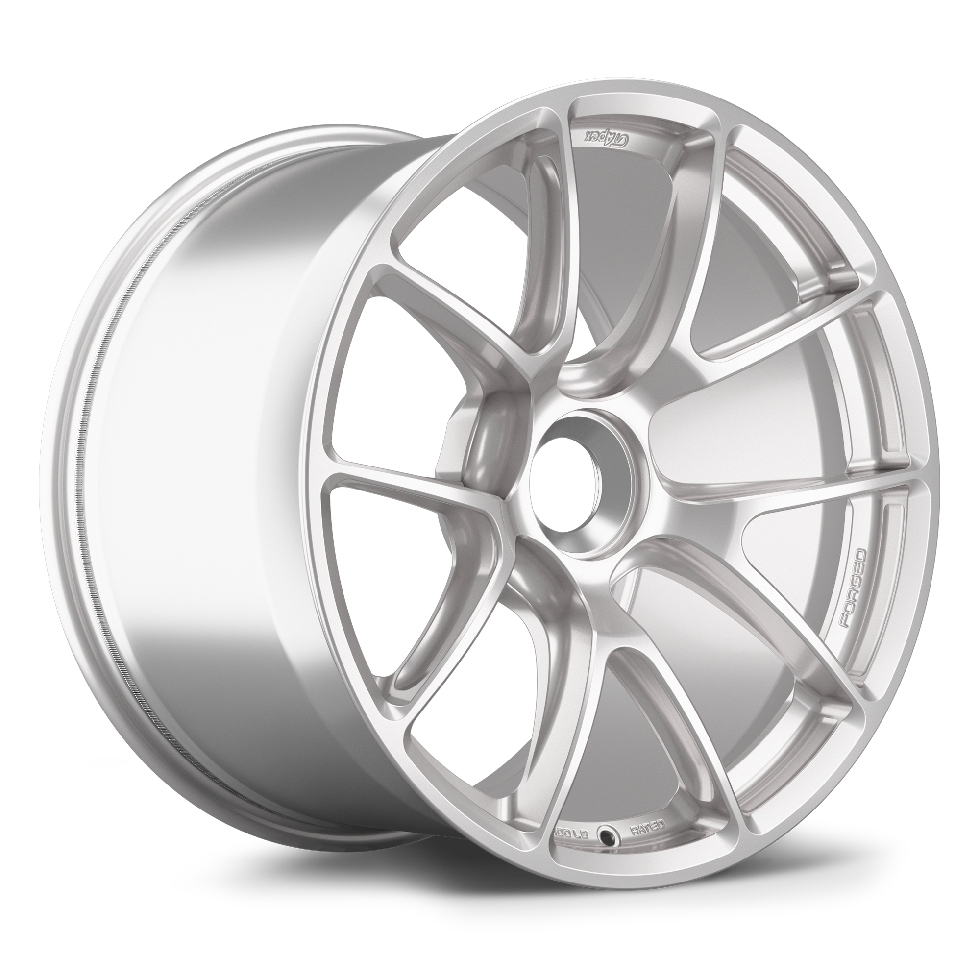 Silver forged aluminum wheel with ten-spoke design, polished finish, center bore and bolt pattern visible - APEX Wheels wheel for 19x12 ET46 PSCL - Race Silver